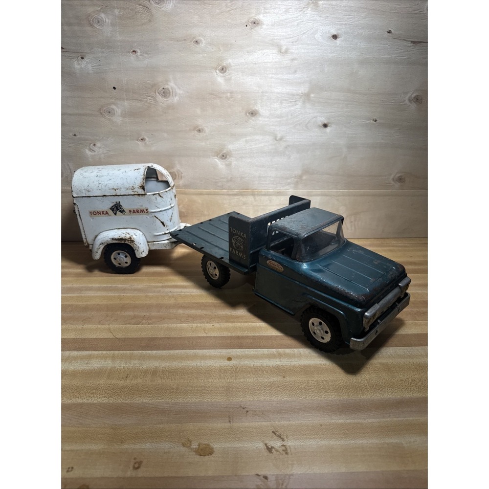 Vintage Tonka Toys Pressed Steel Tonka Farms Stake Bed Truck & Horse Trailer